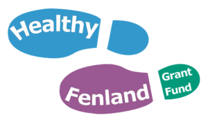 two footprints one blue on purple and green with the words healthy Fenland Grant Fund