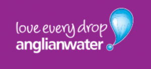white writing saying anglian water on a purple background with a large drop of water at the side